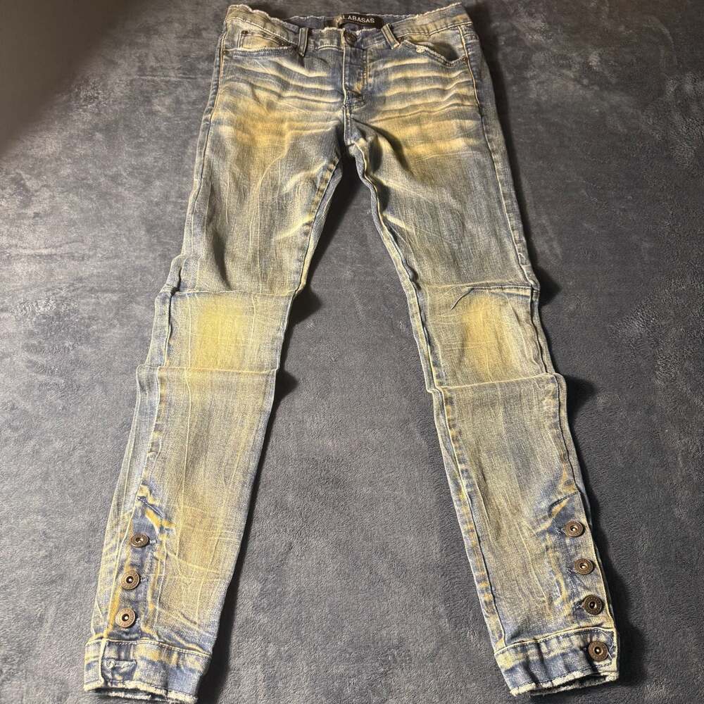 Valabasas Distressed Denim Jeans with Button Cuffs, Size 30
